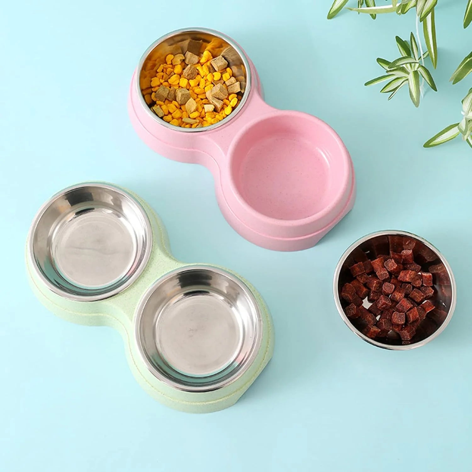 Double Pet Bowl with Stainless Steel Feeding Dish