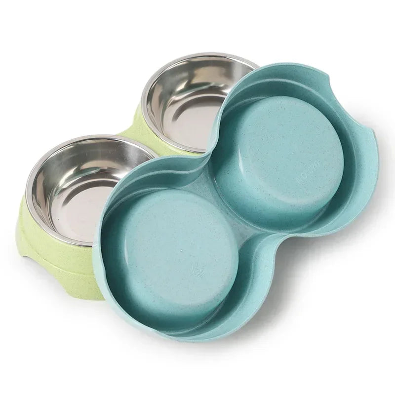 Double Pet Bowl with Stainless Steel Feeding Dish