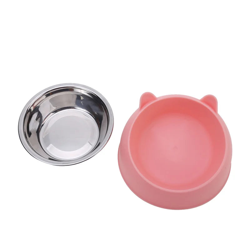 Cute Cat Ear Pet Bowl with Stainless Steel Dish