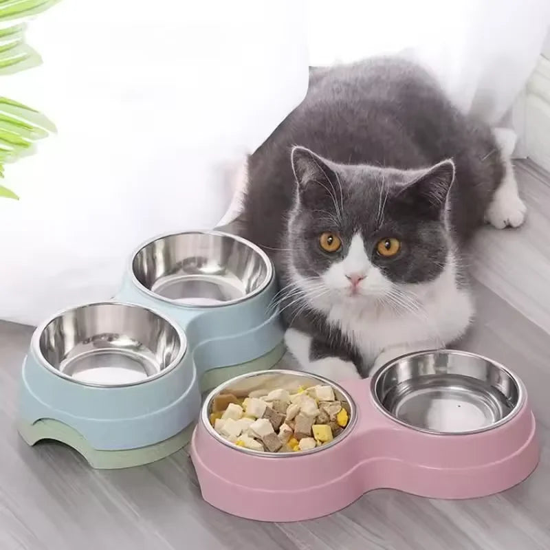 Double Pet Bowl with Stainless Steel Feeding Dish