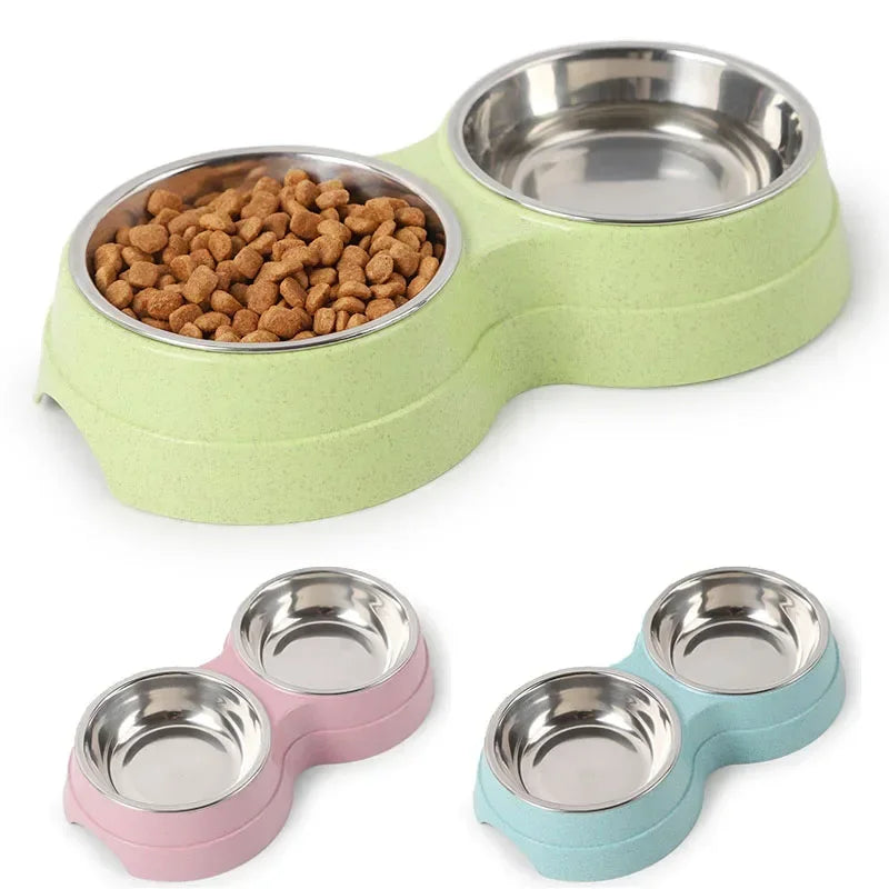 Double Pet Bowl with Stainless Steel Feeding Dish