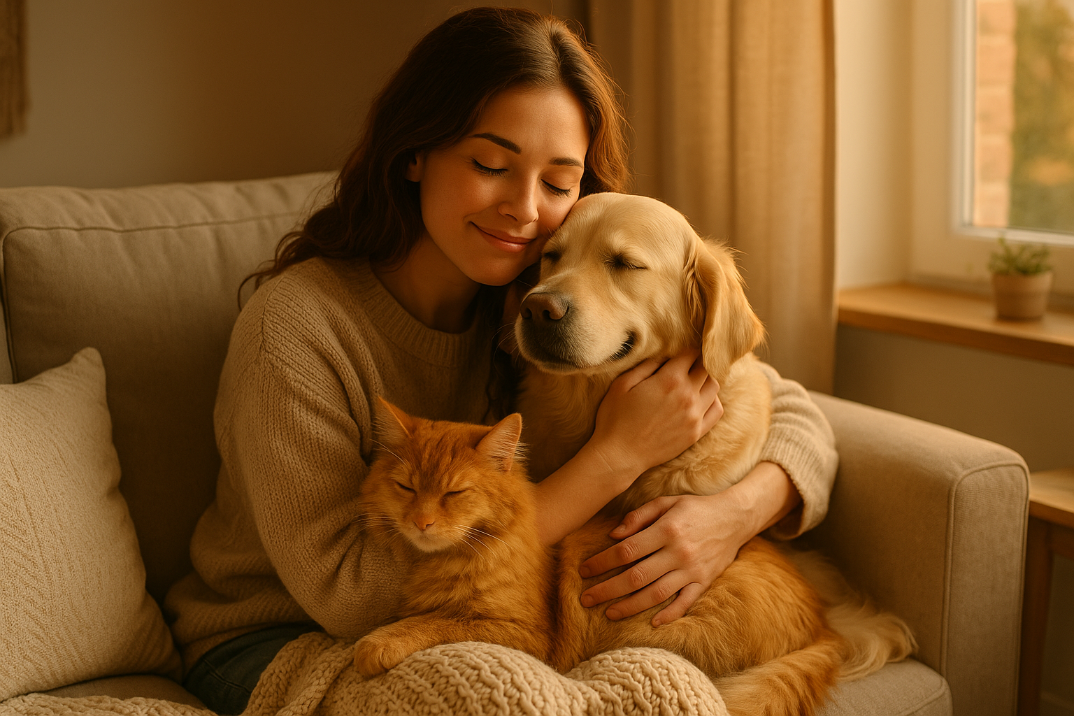 pet store hero banner. real human hugging pets. cozy image.