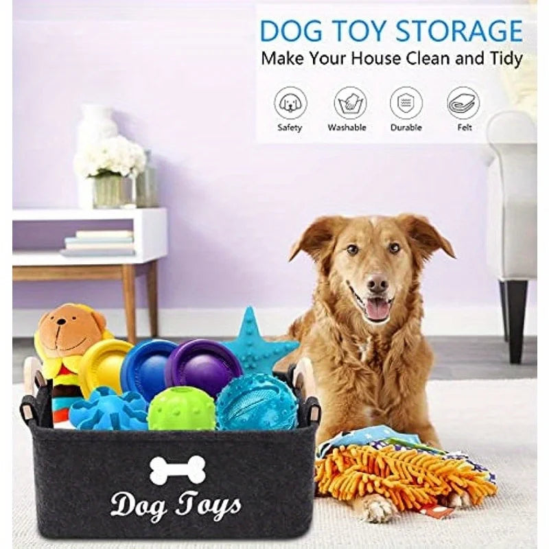 Dog Toy Storage Basket with Wooden Handles